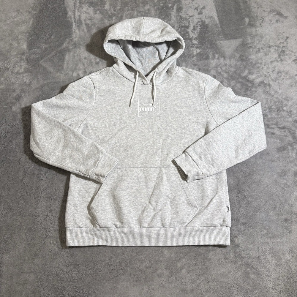 Puma Hoodie Unisex Sweater Size Medium Gray White Box Logo Pullover